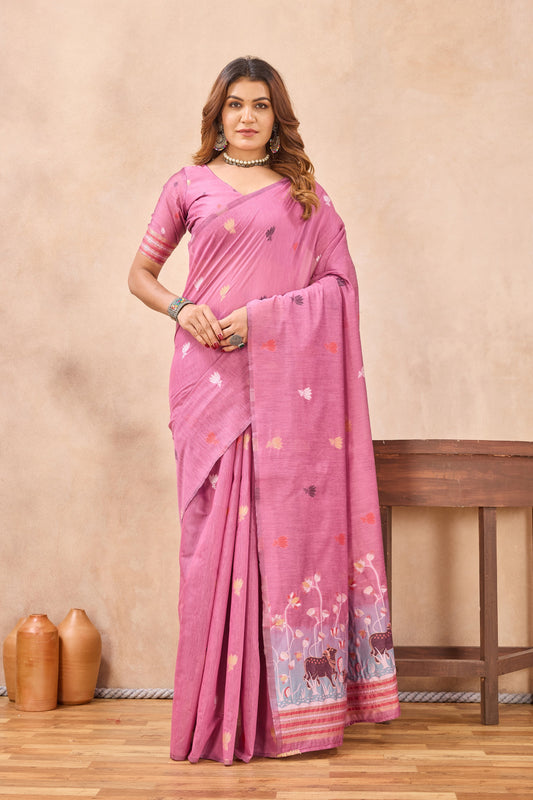 Divine International Trading Co Pink Linen Designer Party Wear Festive Saree With Unstitched Blouse Piece