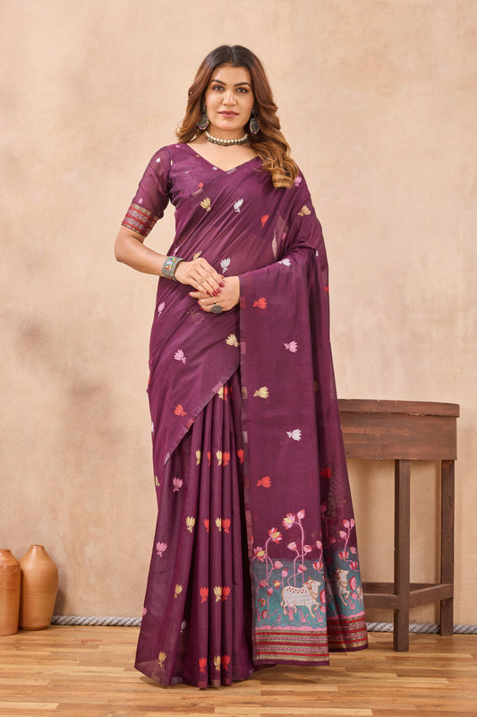 Divine International Trading Co Wine Linen Designer Party Wear Festive Saree With Unstitched Blouse Piece
