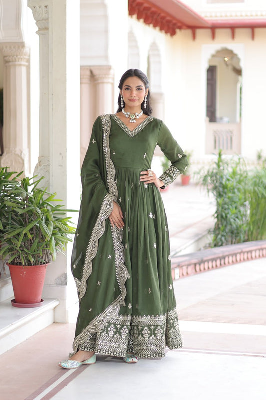 Lehenga Mart Premium Readymade Gown With Dupatta Set For Women-Mehendi Green