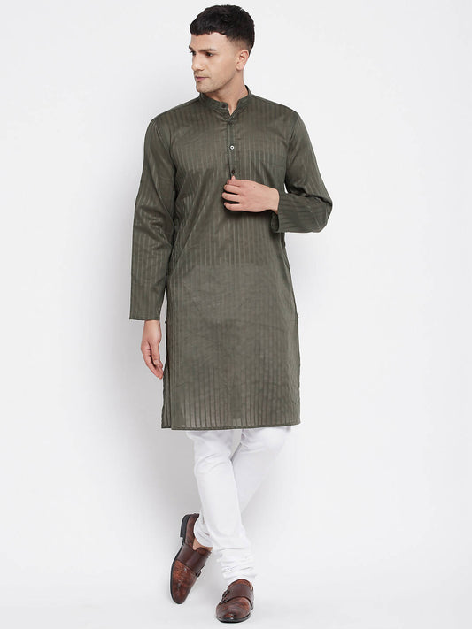 Even Apparels Green Men's Pure Cotton Kurta With Band Collar