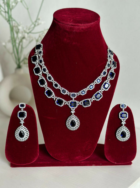 Royal Blue American Diamond Two Layer Elegent Necklace Set With Earrings By House of Ree