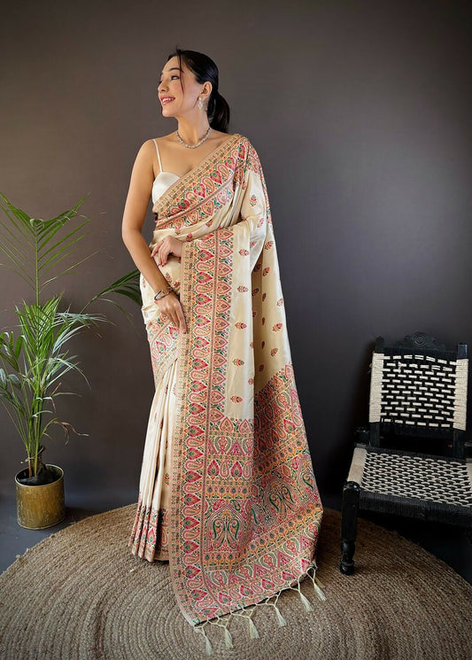 Joban Fashion White Meena Weaves Pashmina Sarees