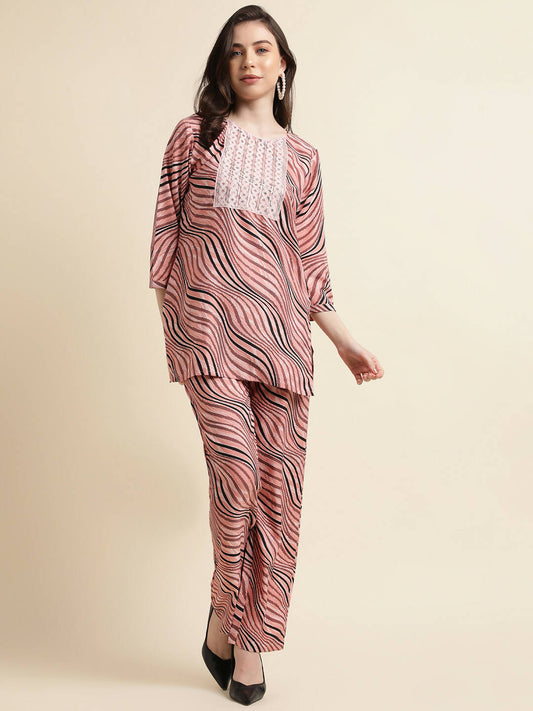 Peach Poly Crepe Digital Printed Top with Matching Bottom - Preeti
