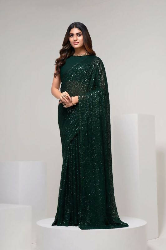 Aastha Fashion Women's Bottle Green Thread & Multi Sequins Embroidery Work Georgette Saree with Blouse - Grab2buy