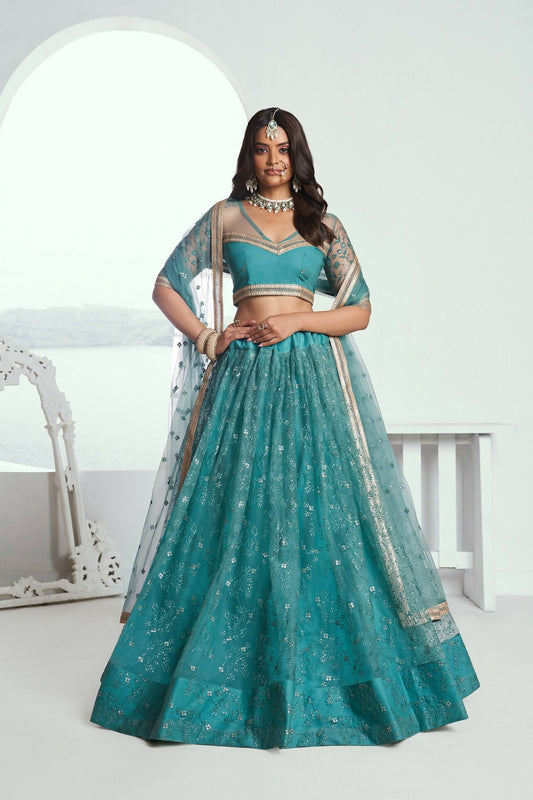 Eilara Beautiful Teal Net With Embroidered And Thread Zari Sequence Wedding Lehenga Choli