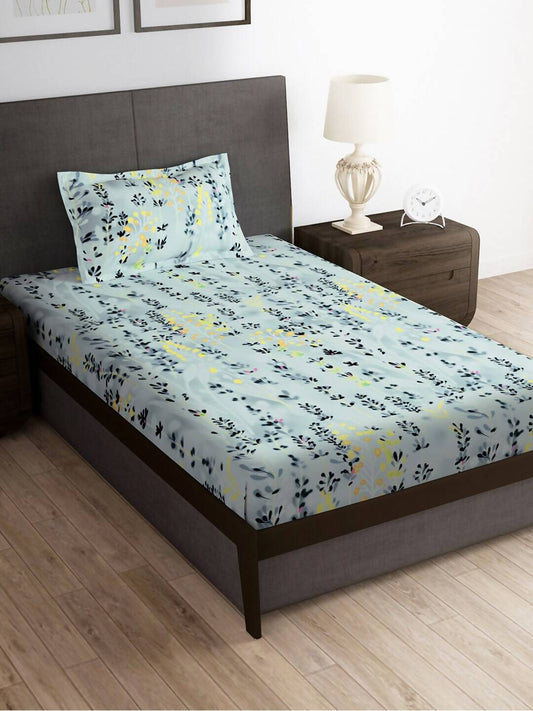 Story@home Arena Grey & Blue Floral Printed 180 TC Bedsheet & Pillow Covers