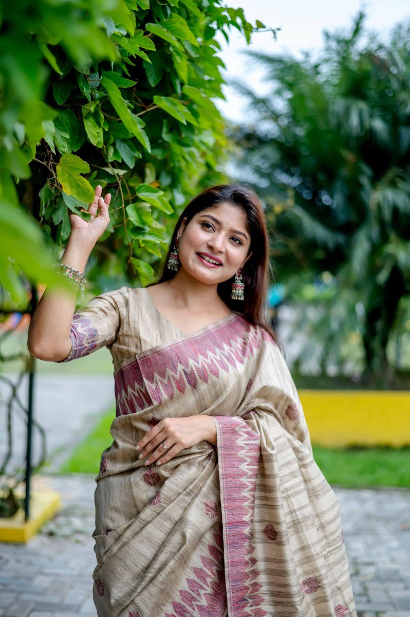 Aastha Fashion Wine Thread Woven Handloom Tussar Silk Saree with Blouse - Grab2buy
