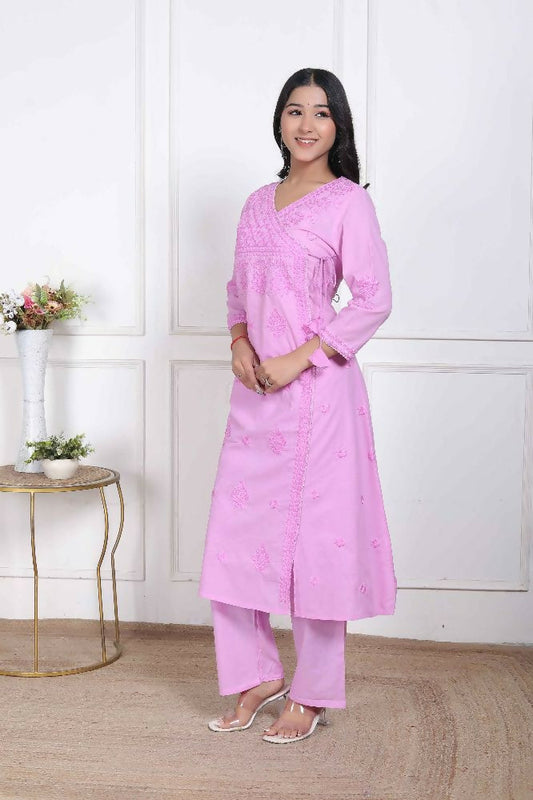 Miravan Womens Pink Lucknowi Angrakha Style Kurta With Palazzo