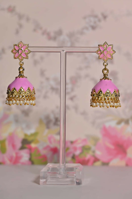 Pink Enamel Small Jhumki Earrings By House of Ree House of Ree