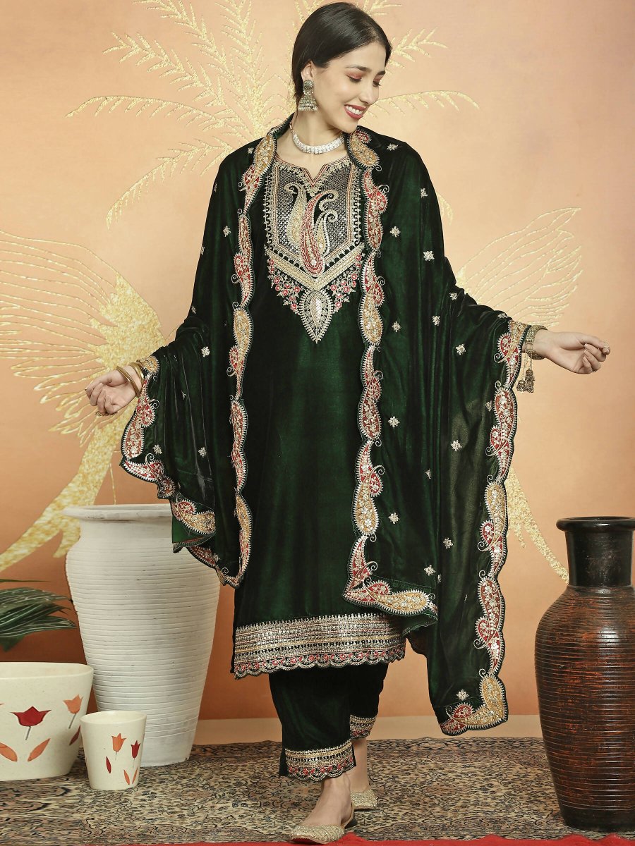 Aastha Fashion Women's Green Velvet Cording with Resham Thread & Sequin Kurta with Trouser & Dupatta - Grab2buy
