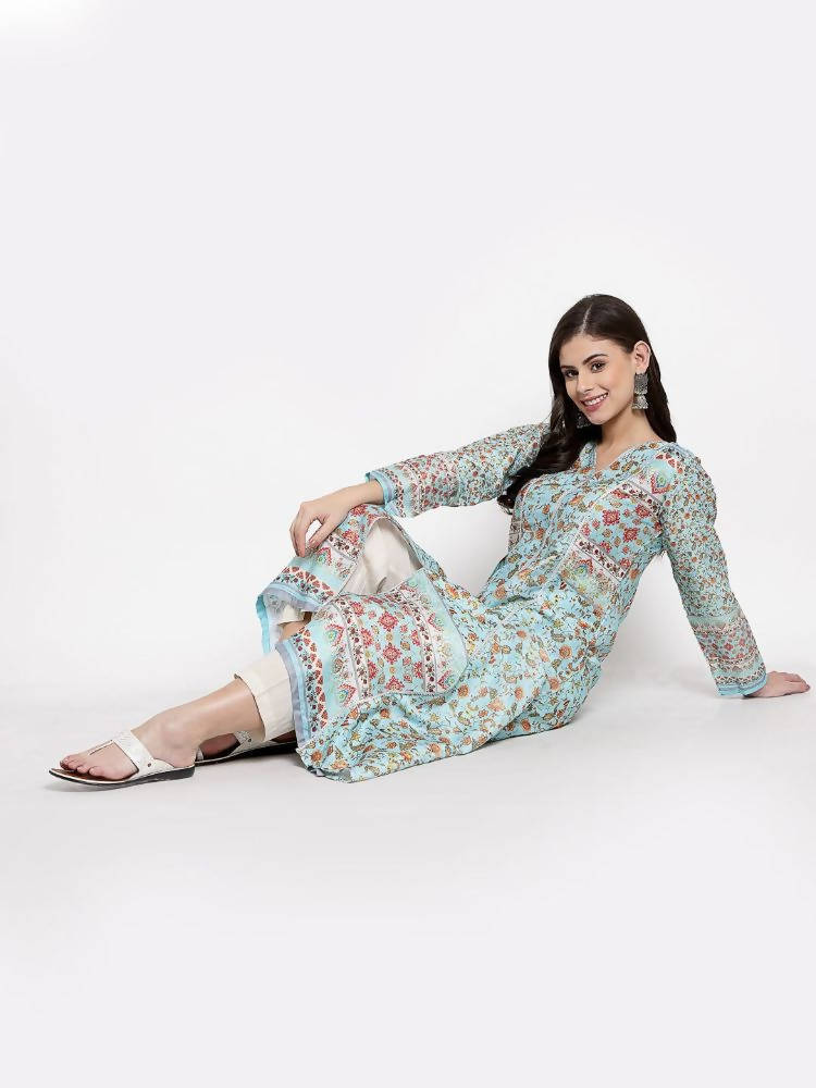 Myshka Women's Multi Cotton Printed Full Sleeve V Neck Casual Kurta