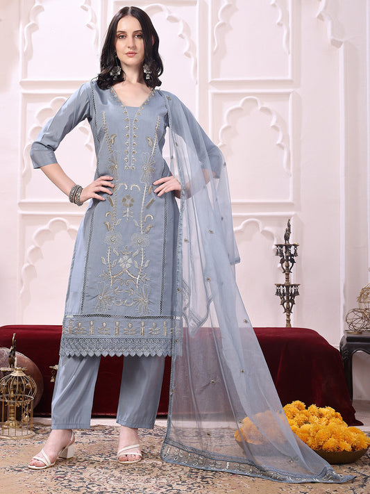 Heavy Hand Embroidered Kurta With Pant & Dupatta, Grey - Hiral Fashion