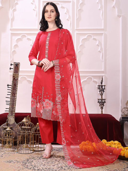 Hem Embroidered Kurta With Pant & Embroidered Dupatta, Pink - Hiral Fashion
