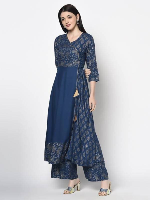 Aniyah Rayon Blue Color Foil Print Angrakha Anarkali Kurta (AN-208K)
