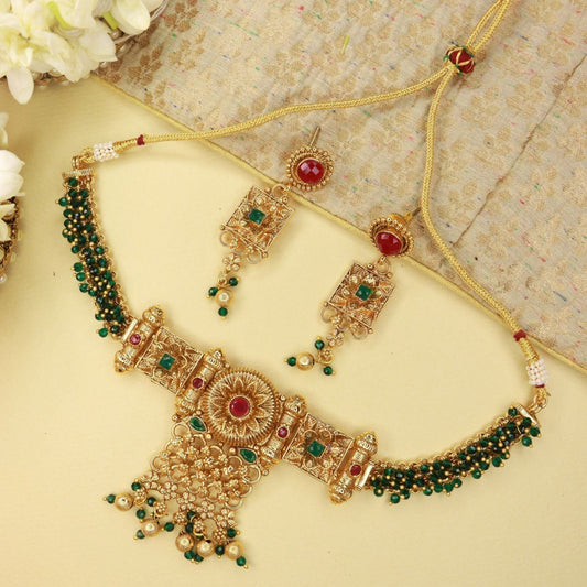 Gold-Polished Traditional Brass Pearl Choker Necklace With Earrings for Women/Girls - Wahe Jewels | Grab2Buy