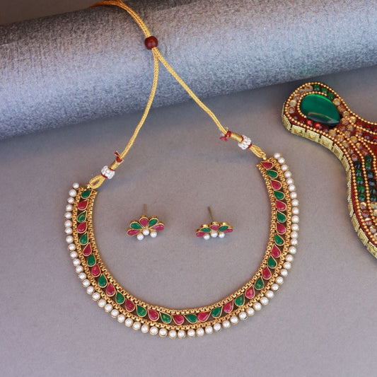 Gold-Polished Traditional Multi Choker Necklace Jewellery Set For Women/Girls - Wahe Jewels | Grab2Buy