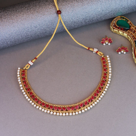 Gold-Polished Traditional Pink Choker Necklace Jewellery Set For Women/Girls - Wahe Jewels | Grab2Buy