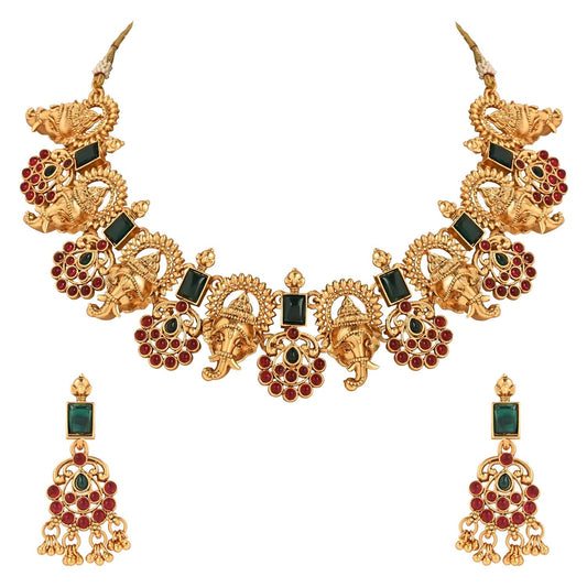 Gold-Polished Traditional Temple Choker Necklace Jewellery With Earrings Set for Women/Girls - Wahe Jewels - Swadesiicart