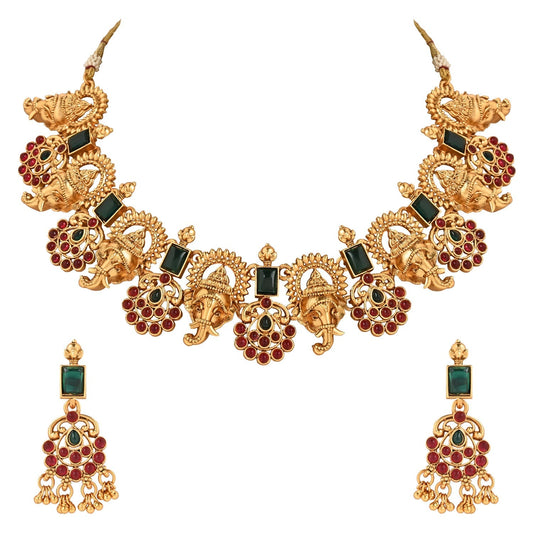 Gold-Polished Traditional Temple Choker Necklace Jewellery With Earrings Set for Women/Girls - Wahe Jewels Noz2Toz
