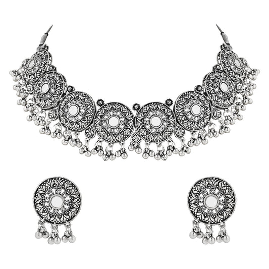 Navratri Ethnic Silver Oxidized Traditional Afghani Choker Necklace Jewellery Set for Women - Wahe Jewels Noz2Toz