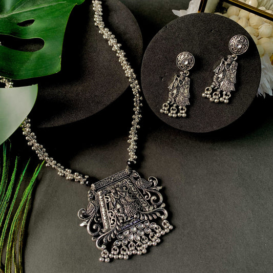 Navratri Ethnic Silver Oxidised Radha Krisha Long Necklace Jewellery With Jhumka Earrings Set For Women/Girls - Wahe Jewels Noz2Toz