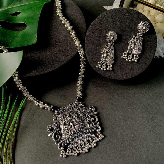 Navratri Ethnic Silver Oxidised Radha Krisha Long Necklace Jewellery With Jhumka Earrings Set For Women/Girls - Wahe Jewels | Grab2Buy