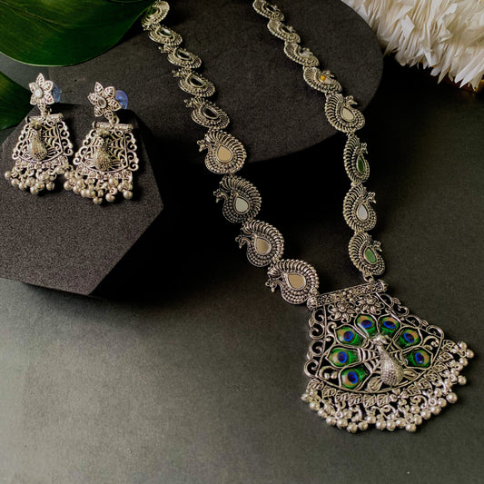 Navratri Ethnic Silver Oxidised Ghungroo Long Necklace Jewellery With Jhumka Earrings Set For Women/Girls - Wahe Jewels | Grab2Buy