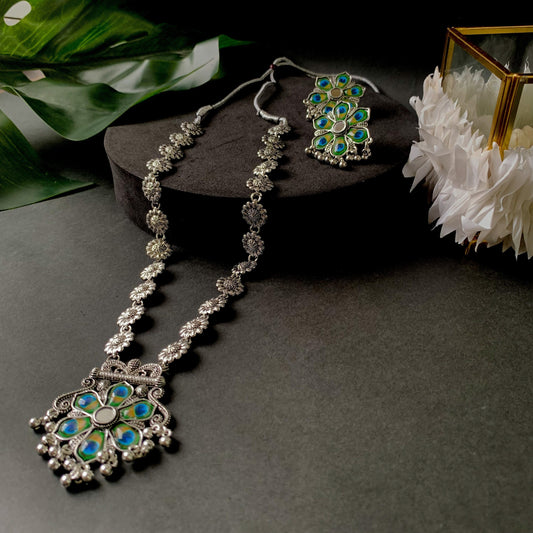 Navratri Ethnic Silver Oxidised Peacock Feather Ghungroo Long Necklace Jewellery Set For Women/Girls - Wahe Jewels | Grab2Buy