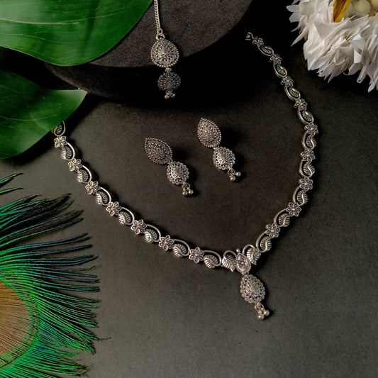 Navratri Ethnic Silver Oxidised Floral Design Ghungroo Long Necklace Jewellery With Jhumka Earrings Set For Women/Girls - Wahe Jewels | Grab2Buy