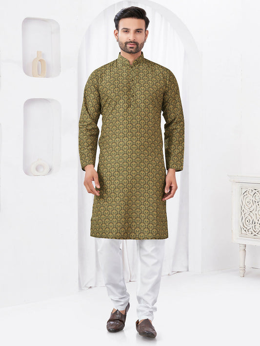 Joban Fashion Men's Rayon Cotton Olive Printed Kurta Pyjama set