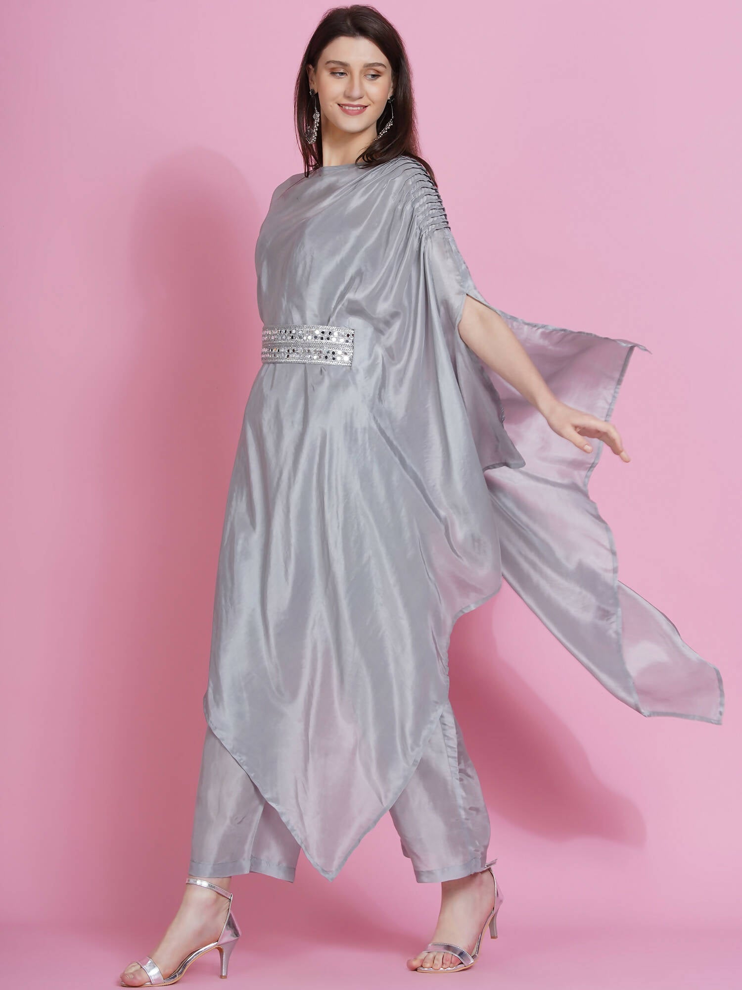 Women Republic Grey Opara Silk Kurta With Belt And Palazzo - Grab2buy
