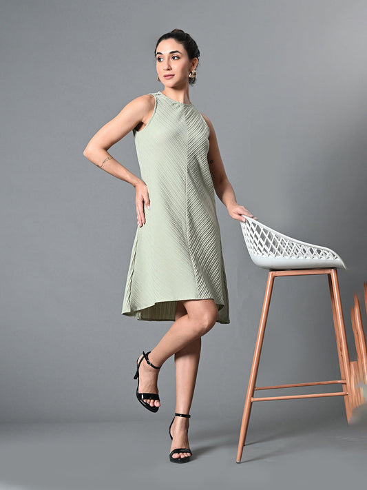 Myshka Women's Round Neck Sleeveless Embellished A-Line Dress in Olive Color