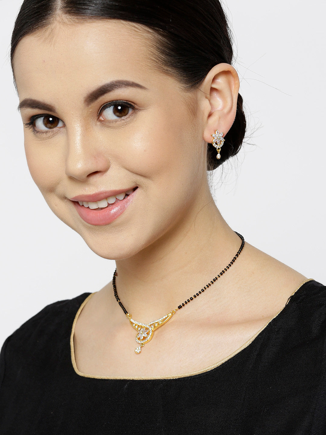 Priyaasi Desiner Floral Shaped Gold Plated American Diamond Mangalsutra Set For Women - Grab2buy