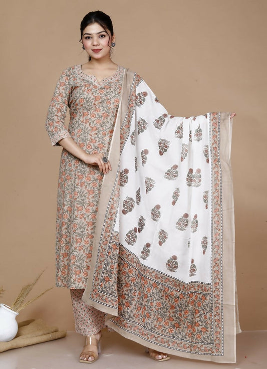 Miravan Women's Brown Floral Printed Gotta Patti Kurta With Palazzo And Dupatta Set