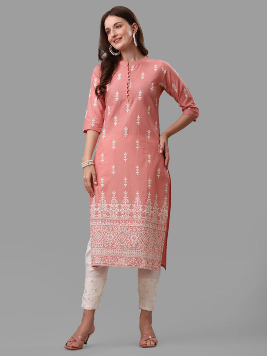 Ethnic Motif& Mandarin Collar Kurta With Cotton Pant Set, Multicolor - Hiral Fashion