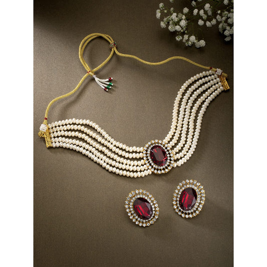 Gold-Polished Traditional Stone Studded Pearl Choker Necklace Jewellery Set For Women/Girls - Wahe Jewels | Grab2Buy