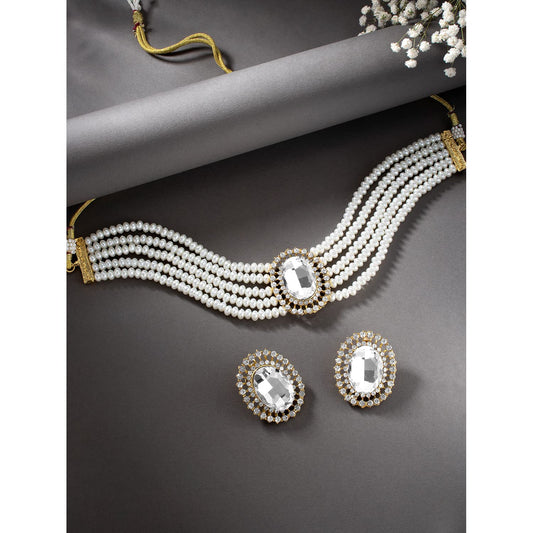 Gold-Polished Traditional Green Stone Studded Pearl Choker Necklace Jewellery Set For Women/Girls - Wahe Jewels | Grab2Buy