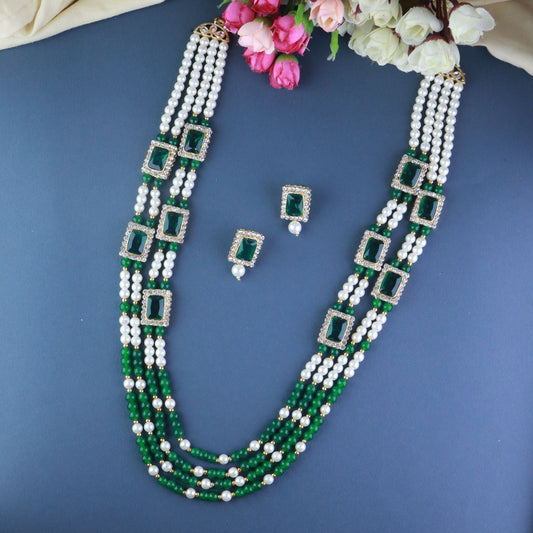 Gold-Polished Traditional Stone Studded Multi Strand Long Pearl Necklace Jewellery With Stud Earrings Set For Women/Girls - Wahe Jewels | Grab2Buy