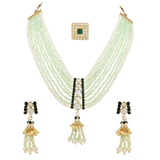 Gold-Polished Traditional Kundan & Mint Beads Multistrand Necklace With Earrings, Maang Tikka & Finger Ring Set For Women - Wahe Jewels | Grab2Buy