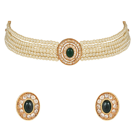 Gold-Polished Traditional Handcrafted Stone Studded Pearl Choker Necklace Jewellery Set With Earrings For Women And Girls - Wahe Jewels Noz2Toz