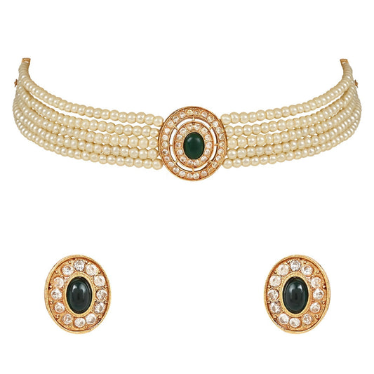 Gold-Polished Traditional Handcrafted Stone Studded Pearl Choker Necklace Jewellery Set With Earrings For Women And Girls - Wahe Jewels - Swadesiicart