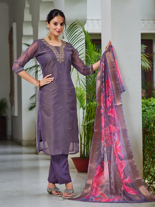 Hand Embroidered Silk Kurta With Embroidered Pant & Printed Organza Dupatta, Purple - Hiral Fashion