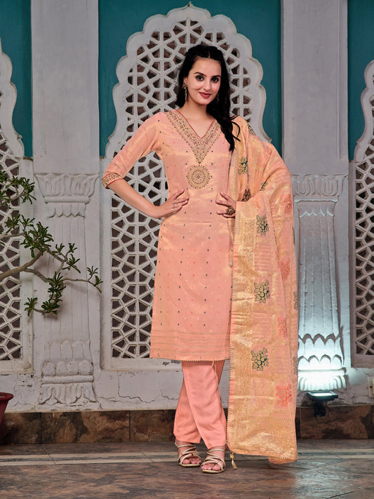 Embroidered Jacquard Silk Kurta With Pant & Jacquard Banarasi Dupatta, Peach - Hiral Fashion