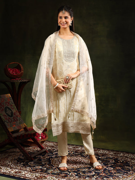 Embroidered & Banarasi Jacquard Kurta With Pant & Organza Embroidered Dupatta, Cream - Hiral Fashion
