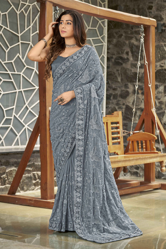 MANOHARI Georgette Embroidered Work Saree - Grey