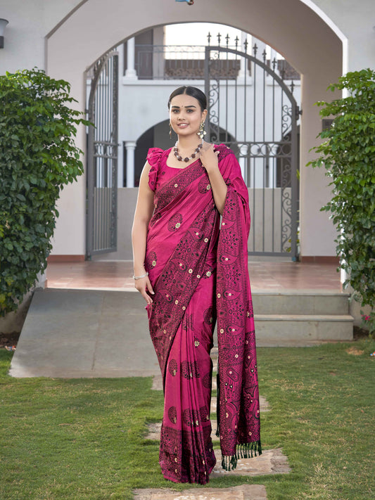 MANOHARI Banarasi Silk Blend Jacquard Work Saree - Pink