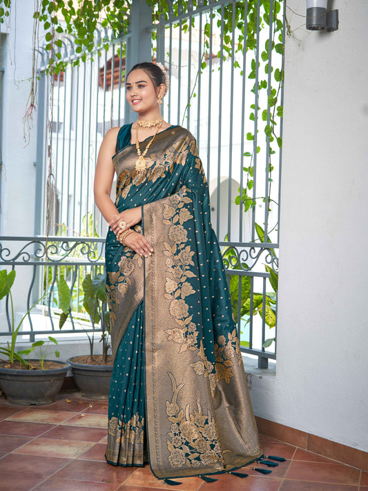 MANOHARI Banarasi Silk Blend Jacquard Work Saree - Green