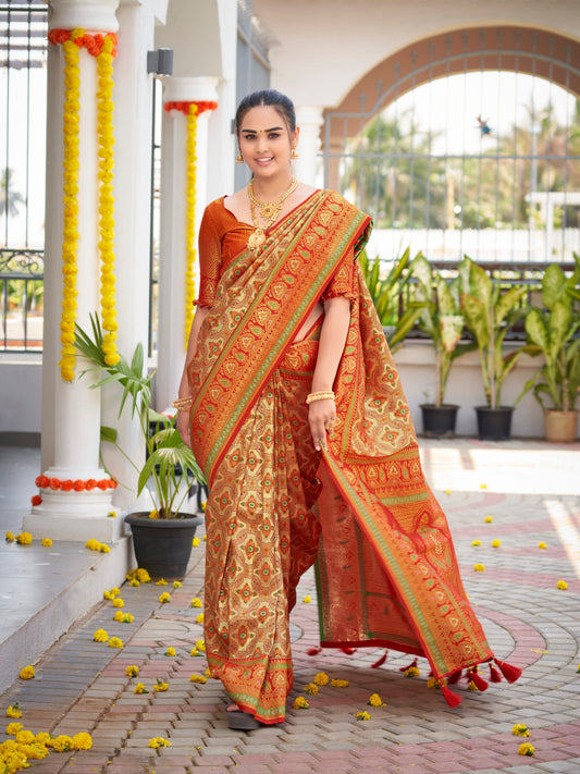 MANOHARI Banarasi Silk Blend Jacquard Work Saree - Orange