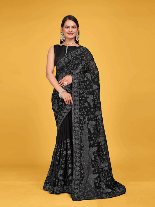 MANOHARI Georgette Embroidered Work Saree - Black