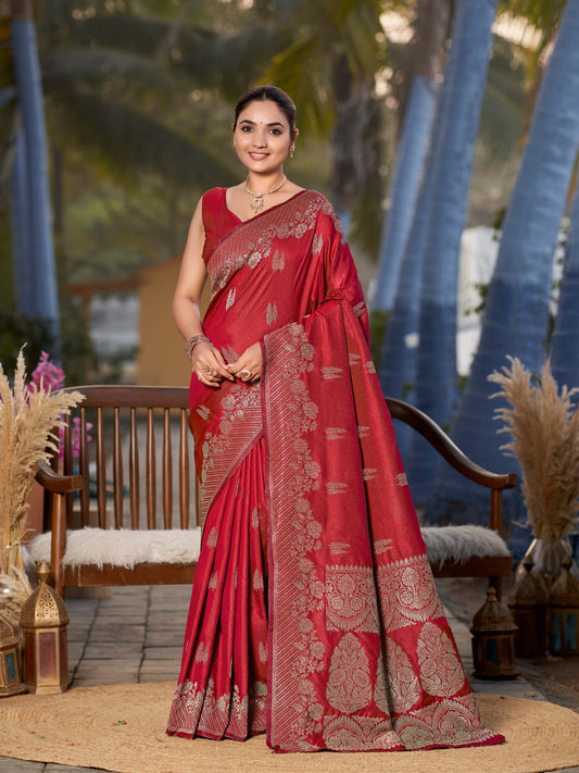 MANOHARI Banarasi Silk Blend Jacquard Work Saree - Red